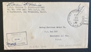 1944 US Army Post Office In Hawaii Cover To Milwaukee WI Usa William H Helvie