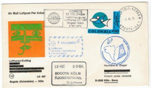 Colombia 1974 Cover Stamps First Flight Bogota Cologne Germany Lufthansa