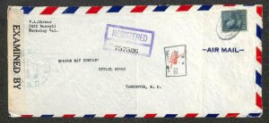 USA #826 PREXY STAMP CALIFORNIA TO CANADA CENSORED AIRMAIL REGISTERED COVER 1942