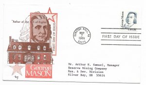 US 1858 18c Great Americans George Mason single on FDC Marge Cachet ECV $12.50