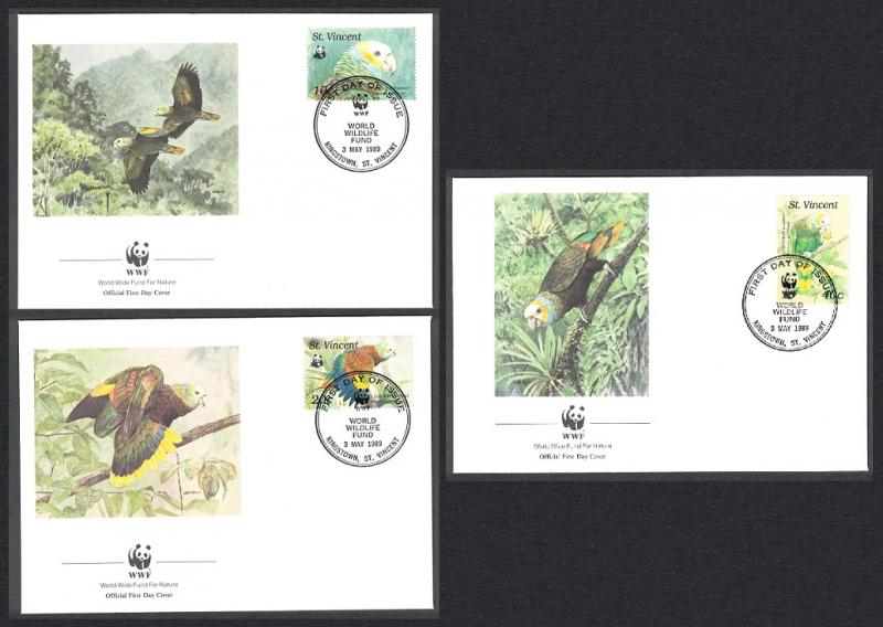 St. Vincent WWF Parrot 3 FDCs SG#1240/43 SC#1184-5+ 87-8 MI#1222-25 CV?6.7