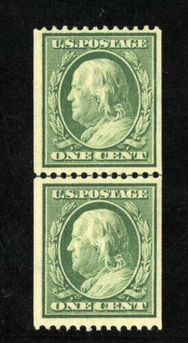 US Stamps # 385 1c Franklin Coil Line Pair SUPERB OG