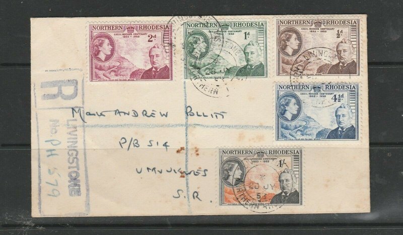 Northern Rhodesia FDC Plain, 1953 Rhodes Centenary, registered at Livingstone, s