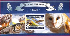 A2040 - MALDIVES, ERROR: IMPERF, SOUVENIR SHEET - 2015, Owls, Birds, Mushrooms