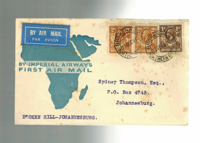 1936 Broken Hill Rhodesia First Flight Cover FFC South Africa Imperial Airways