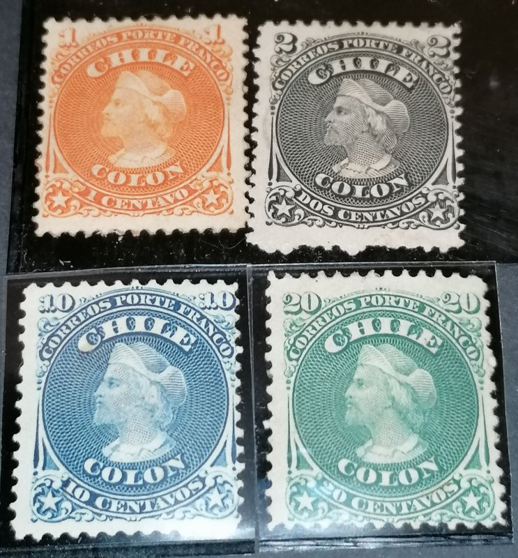 Chile 1867 MH set 1,2,10 and 20 centavos Michel 8,9,11,12 cv 122 eur