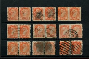 ?Nice pairs x 9 various cancels 3c Small Queen lot used Canada