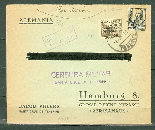 SPAIN 1937 SPANISH CIVIL WAR  CENSORED AIR COVER TENERIFE to HAMBURG GERMANY