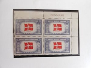 1944 WWII Overrun countries, Denmark, Plake Block of 4 5c Stamps, Sc#920, MNH,OH