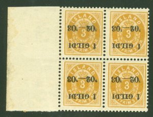 ICELAND #50b (49v1) 3aur INVERTED I GILDI Ovpt on margin Block of 4, og, NH, VF