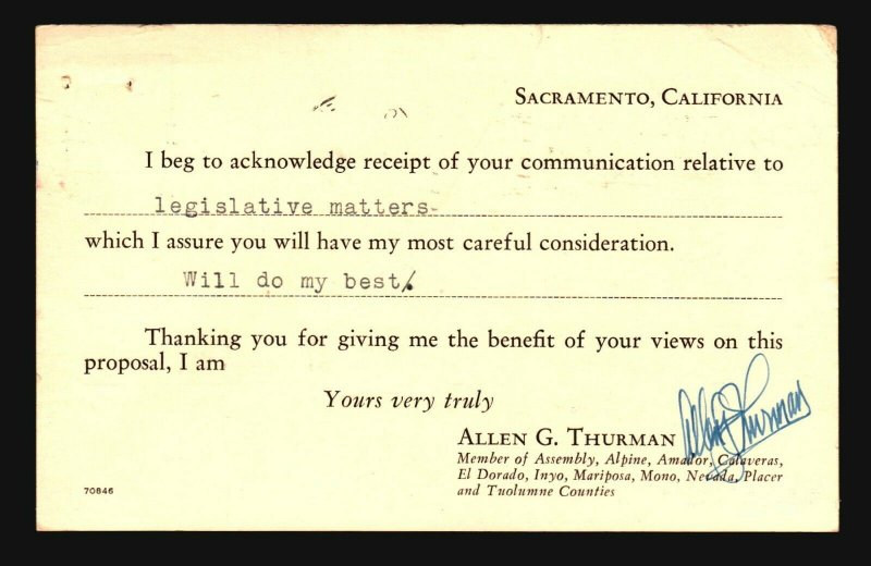 US 1939 Allen Thurman CA Political Card / Signed - L4754