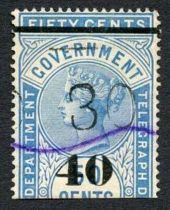 Ceylon Telegraphs SGT46 40c on 50c Blue Type T41 Cat 5