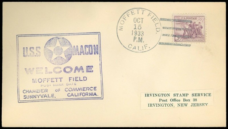 10/15/33 USS MACON Cover, Welcome Moffett Field Post Mark Date, M Field Cancel!