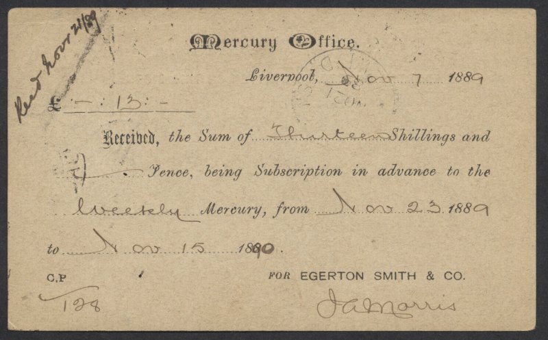 1889 GB 1/2d Postal Card Uprated Liverpool to Newfoundland Mercury Subscription