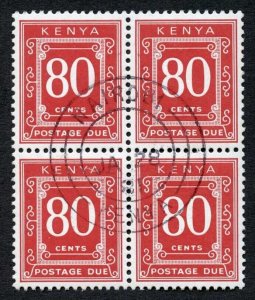Kenya SGD39 1979 80c Dull Red POST DUE Block of FOUR Cat 22+ pounds