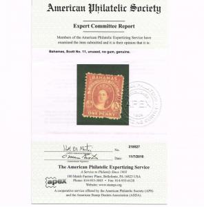 GENUINE BAHAMAS SCOTT #11 LAKE APS CERT 1863 YOUNG VICTORIA - ESTATE CLOSEOUT.