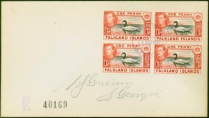 Falkland Is 1938 1d SG147 Block of 4 on Registered Local Cover Fine & Attractive