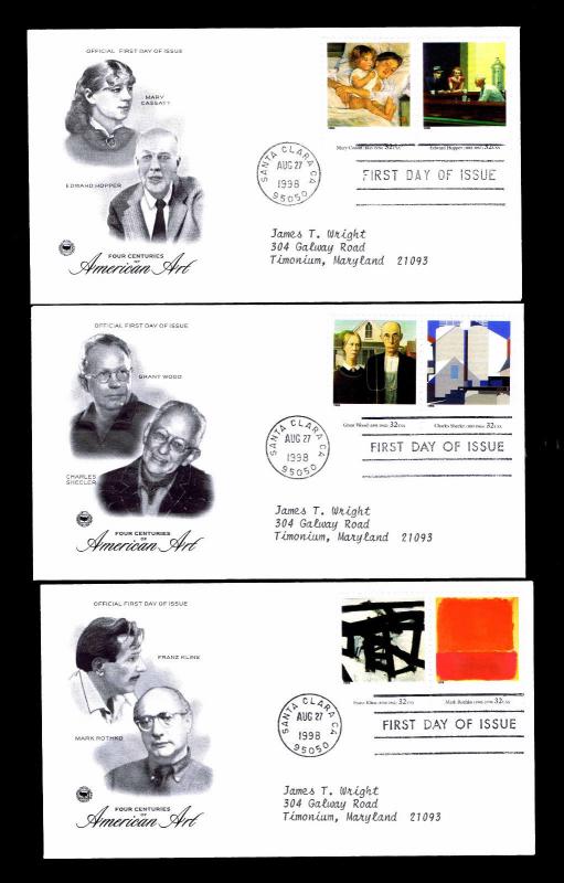 1998 U.S. 4 CENTURIES OF AMERICAN ART FDC - LOT OF 10 - VF - CV$12.50 (ESP#4393)