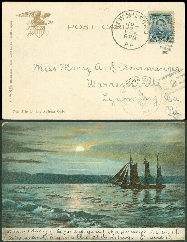 1906 NEW MILFORD PA CDS - WARRENSVILLE, Nice SHIP Picture Postcard, #304 LINCOLN