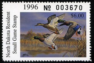United States, Duck Hunting - State #ND71 Cat$10, North Dakota, 1996 $6 Malla...