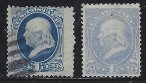 Scott # 156  Lot E203  ( 2 )  1c Franklins ultramarine Color Varieties  Used