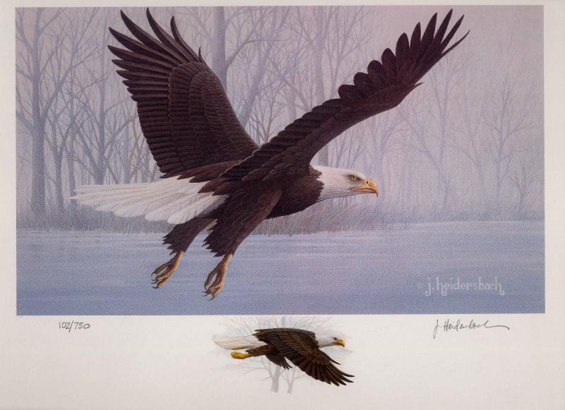 IOWA 1987  STATE HABITAT STAMP PRINT EAGLE  by J. Heidersbach Color Remarque