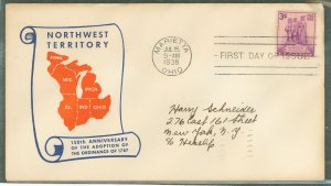 US 837 3c Northwest Territory/1938-150th anniversary of the adoption of the ordinance of 1787 (single) on an addressed First Day