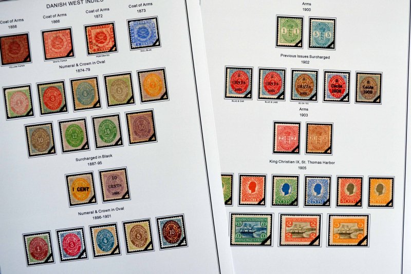 COLOR PRINTED DANISH WEST INDIES 1856-1913 STAMP ALBUM PAGES (5 illustr. pages)