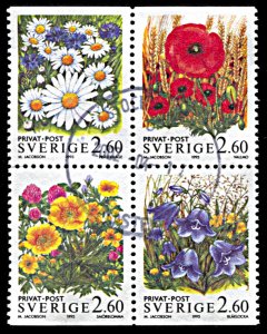Sweden 2013-2016, used, Flowers booklet block of 4