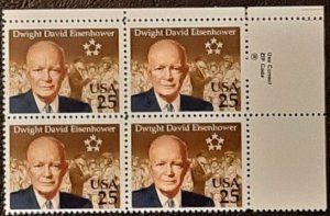 US Scott # 2513; 25c D D Eisenhower from 1990; VF: MNH, og; Block of 4