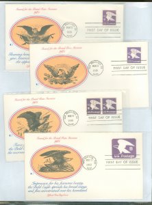 US 1818-20/U592 1981 B (18c) rate change stamps (sheet, coil, booklet) plus stamped envelope on four unaddressed FDCs, Fleetwo