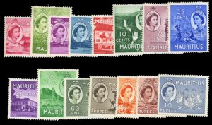 Mauritius #251-265 Cat$65, 1943-54 QEII, complete set, never hinged