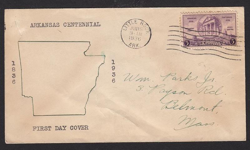 1936 Arkansas 100 yrs  Sc 782 unlisted map cachet