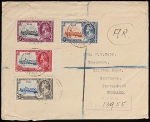 FIJI 1937 Registered cover franked KGV Silver Jubilee set. To England