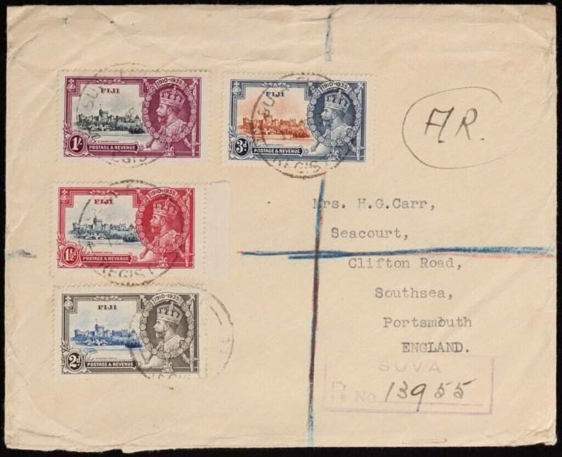 FIJI 1937 Registered cover franked KGV Silver Jubilee set. To England.