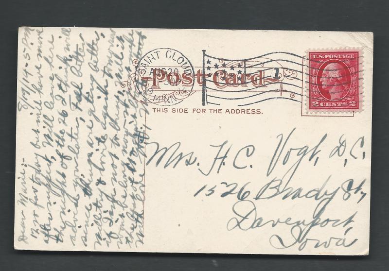 Scott # 406 on Post Card  canceled Saint Cloud Minn  Aug 20, 1914