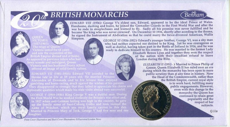 1999 Benham British Monarchs  Coin Cover with Gibraltar 1 Crown Coin 