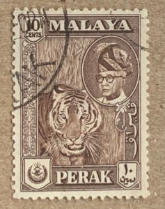 Malaya Perak 1960 10c Tiger, brown shade, used. Scott 132, CV $0.25. SG 155. Cat