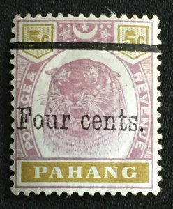 Malaya 1899 PAHANG Four cents opt 5c Tiger MLH SG#28 M3526