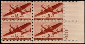 US #C28 PLATE BLOCK, VF/XF mint never hinged, 15c Transport Plane, Well Cente...