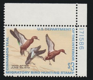 US RW38 $3 Federal Duck Stamp Mint Plate # Single XF OG NH SCV $42.50