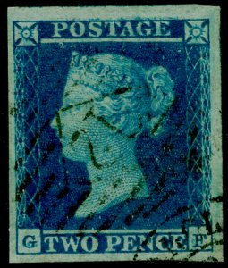 SG15, 2d deep full blue PLATE 4, VERY FINE USED. Cat £110. 4 MARGINS.