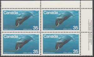 Canada - #814 Endangered Wildlife - Bowhead Whale Plate Block - MNH