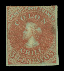 CHILE 1855 COLUMBUS 2d London (Perkins Bacon)  5c brown red Scott # 8 mint MH