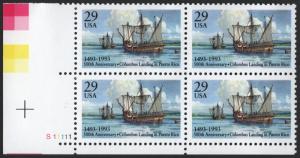 SC#2805 29¢ Columbus Landing Plate Block: LL #S11111 (1993) MNH