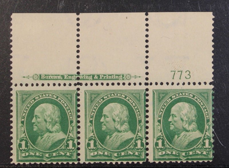 Scott 279 - 1 Cent Franklin - MNH - Strip Of 3 Imprint V - SCV - $85.00