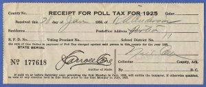 US 1925 Receipt for Poll Tax, Portia, Arkansas