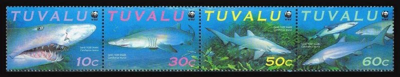 Tuvalu 816 ad strip,816a sheet, MNH. Mi 862-865, klb. WWF 2000, Sand Tiger Shark