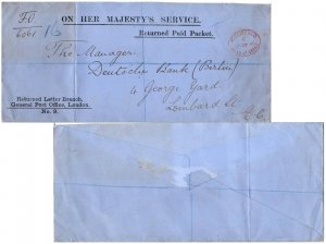 Great Britain Official Free Mail 1890 Registered Retd Lt Office to Deutsche B...