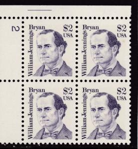 U.S. 1986 Great Americans $2. William Jennings Bryan Plate Number Block VF/NH